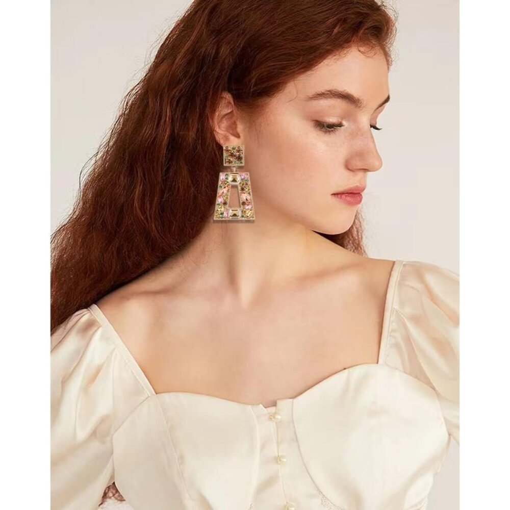 Rhinestone Rectangle Statement Earrings Colorful … - image 2